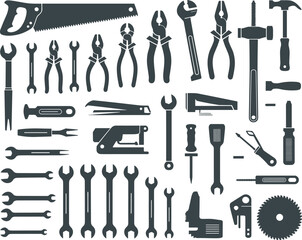 Silhouette of hand tools collection, black and white tool icons, mechanic equipment, repair toolkit, DIY, hardware tools vector illustration