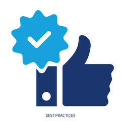 A blue silhouette of a thumbs-up symbol is adjacent to a blue starburst badge with a checkmark inside, representing approval or verification