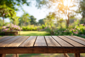 Wooden table in a sunny garden with green grass and flowers