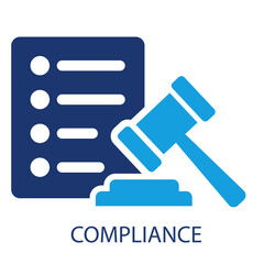 A compliance icon featuring a blue and cyan gavel resting on a sound block, symbolizing law or regulation enforcement