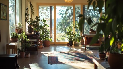 Fototapeta premium A room with a rug and a large window