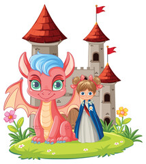 Princess and Friendly Dragon in Front of Castle