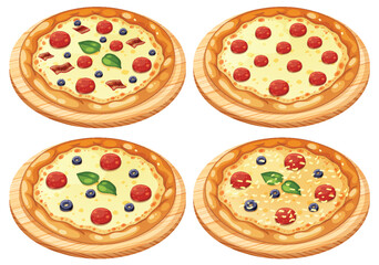 Four Varieties of Pizza on Wooden Boards Illustration
