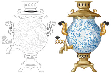 Traditional Russian Samovar with Floral Ornament Vector