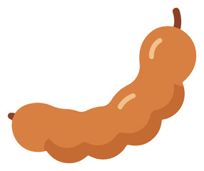 Illustration of a single ripe tamarind fruit, brown and elongated, isolated on white background.