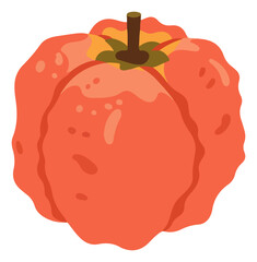 A stylized illustration of a plump, orange-red tomato, with textured skin and a stem.