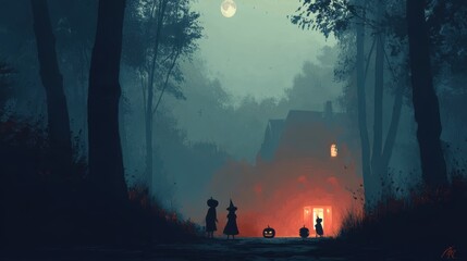 Eerie night with figures and glowing pumpkin.