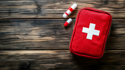 first aid medical kit wood background copy space top view health medicals care bandage help white cross medicine wooden background ai generative