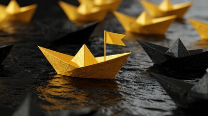 Golden origami boat among black boats for prominence International Maritime Day.
