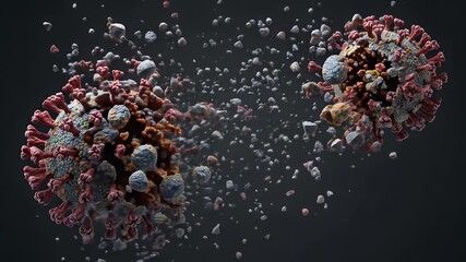 Digital illustration of virus particles in a dark background with red and blue colors - Powered by Adobe