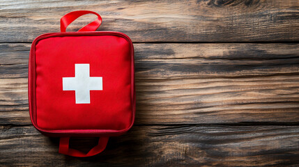 first aid medical kit wood background copy space top view health medicals care bandage help white cross medicine wooden background ai generative