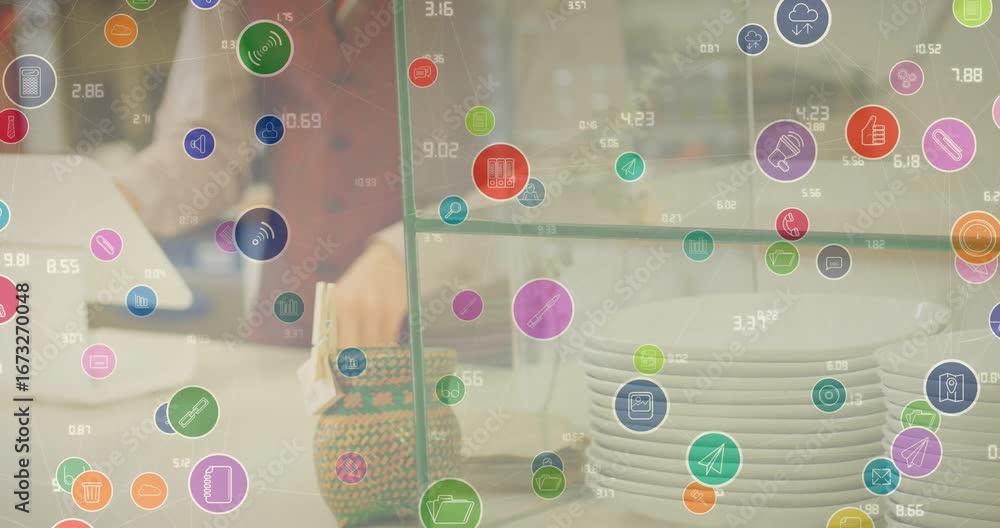 Poster animation of icons and numbers over midsection of caucasian waiter using technology at restaurant