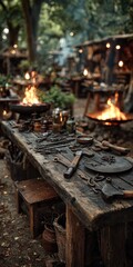 Rustic wooden workbench with tools and fires in an outdoor medieval market