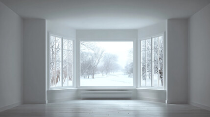 Fototapeta premium 出窓から冬景色を望むミニマルインテリア・雪景色のZoom背景 Minimalist Winter Interior with Bay Window and Blurred Snowy Landscape – Zoom Background