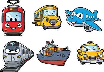 Cartoon transportation set, tram, school bus, airplane, train, cargo ship, taxi, cute smiling vehicles vector illustration for kids