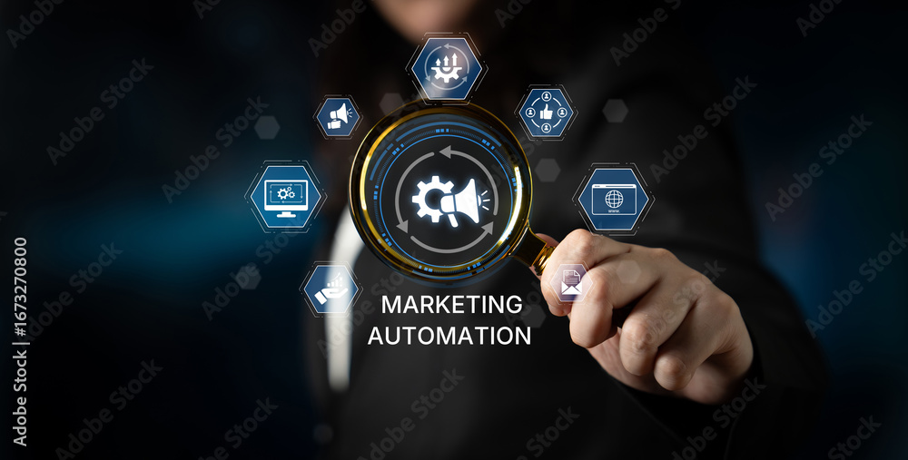 Aufkleber marketing automation diagram showcase ai-driven campaign workflow, highlight marketing automation, d