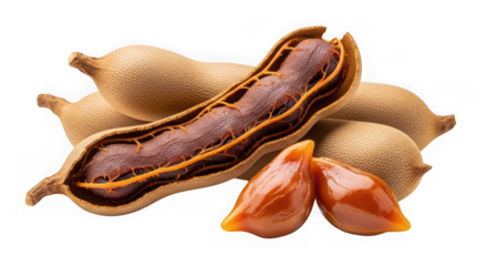 A tamarind pod opened to reveal the pulp and seeds, with whole pods on a transparent background