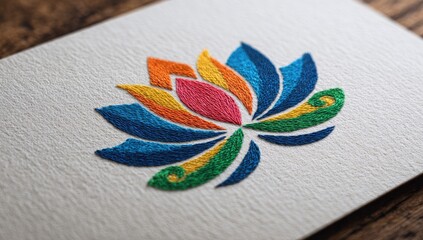 Colorful embroidered lotus flower design on textured paper