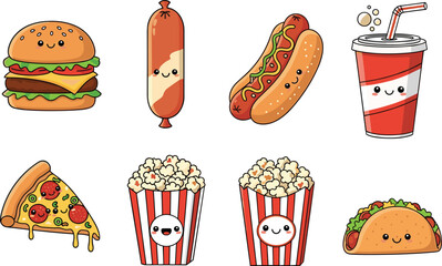 Cute cartoon fast food characters, hamburger, pizza, taco, hot dog, popcorn, soda, sausage, adorable kawaii snack icons, vector illustration set