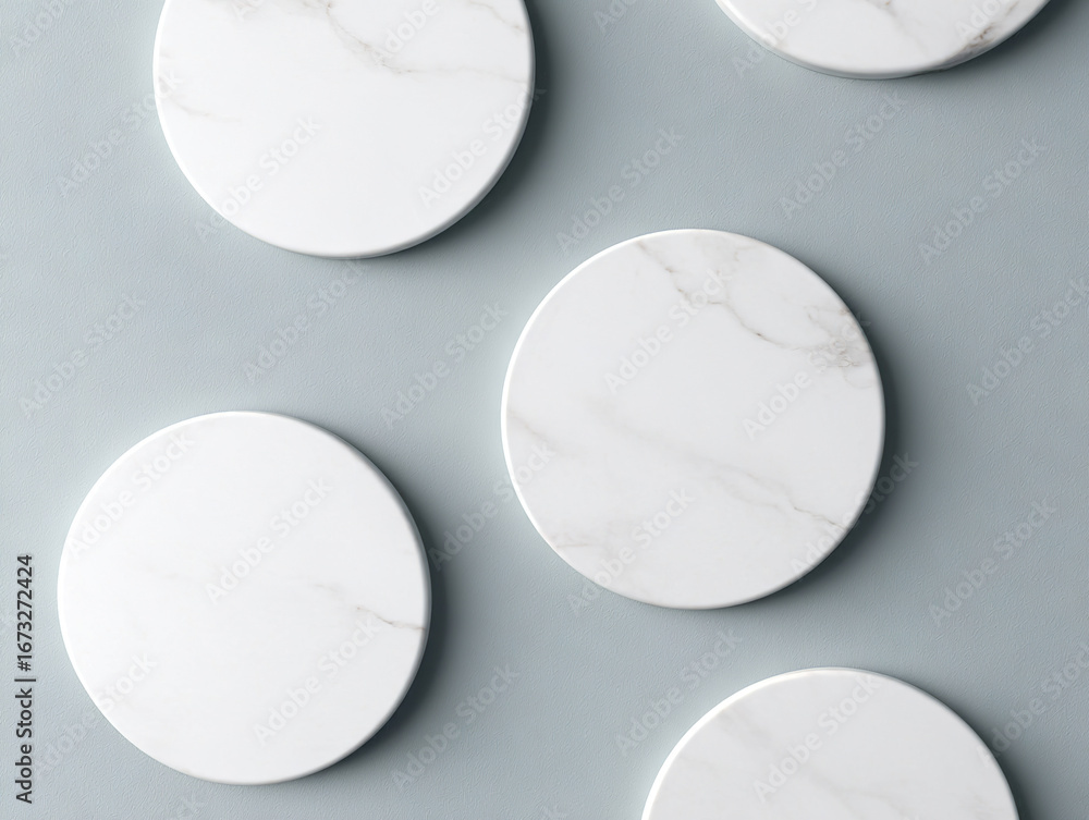 Poster white marble circles on smooth grey background, creating minimalist and elegant design