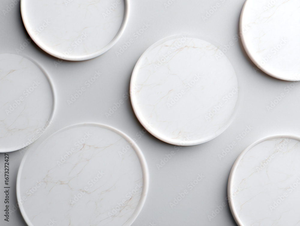 Poster white marble circles on smooth grey background, creating minimalist and elegant design