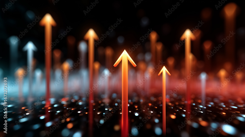 Poster glowing arrows rise dynamically through an abstract dark background. bright colors create an energet