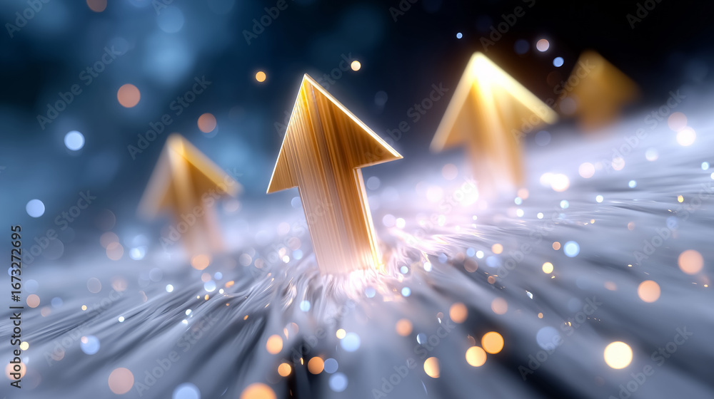 Poster arrows glowing brightly ascend through a blurred, abstract background filled with bokeh effects. dyn