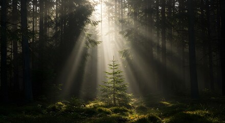 Obraz premium Dramatic Sunbeams Through Misty Forest Canopy, Centering a Bright Young Pine Sapling
