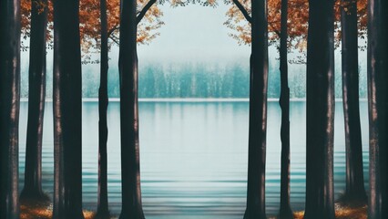 Warm Sunrise Over Mountain Lake with Autumn Trees, Perfect for Landscape Use