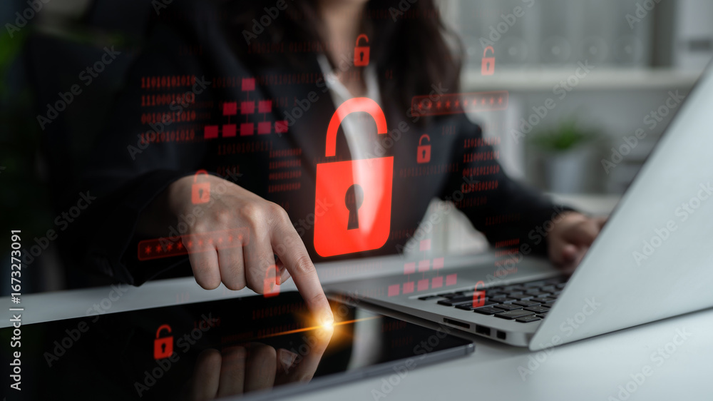 Poster digital security concept illustrating a cybersecurity breach, with a red unlocked padlock indicating