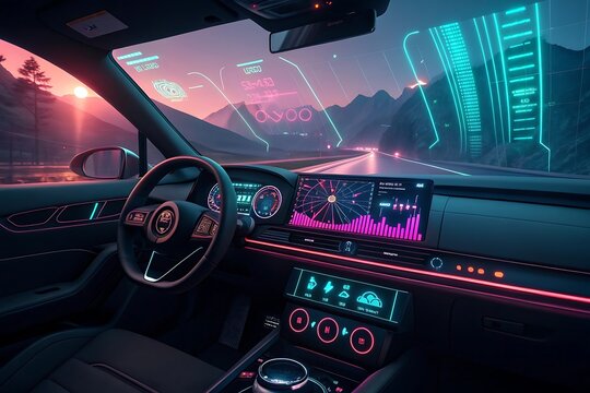 Futuristic Car Interior with Holographic Dashboard and Neon Lighting image photo