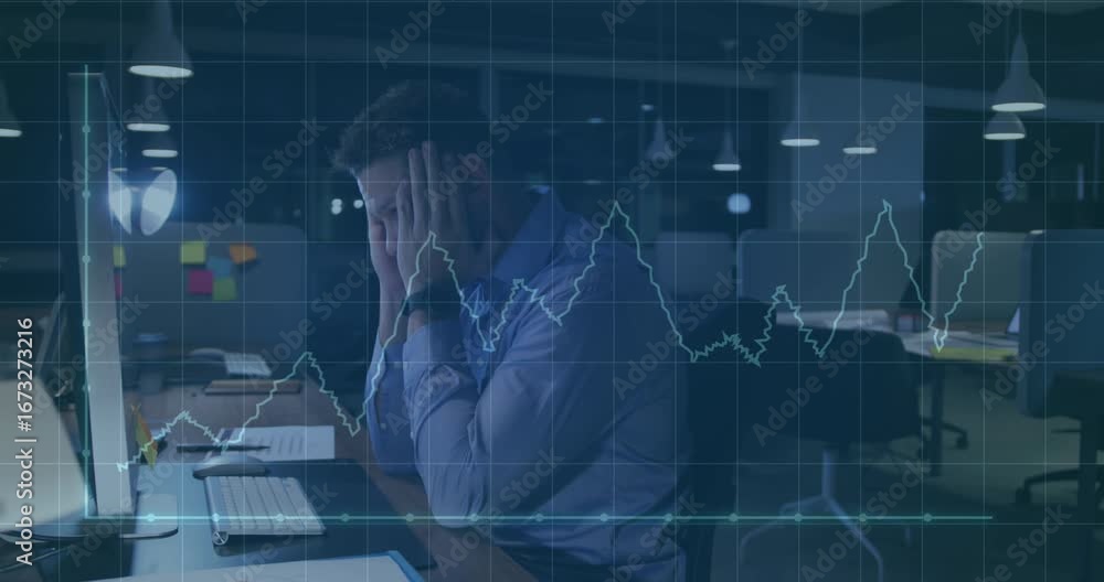 Poster animation of financial data processing over caucasian businessman using computer in office