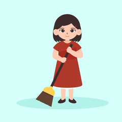 Woman Sweeping floor with broom