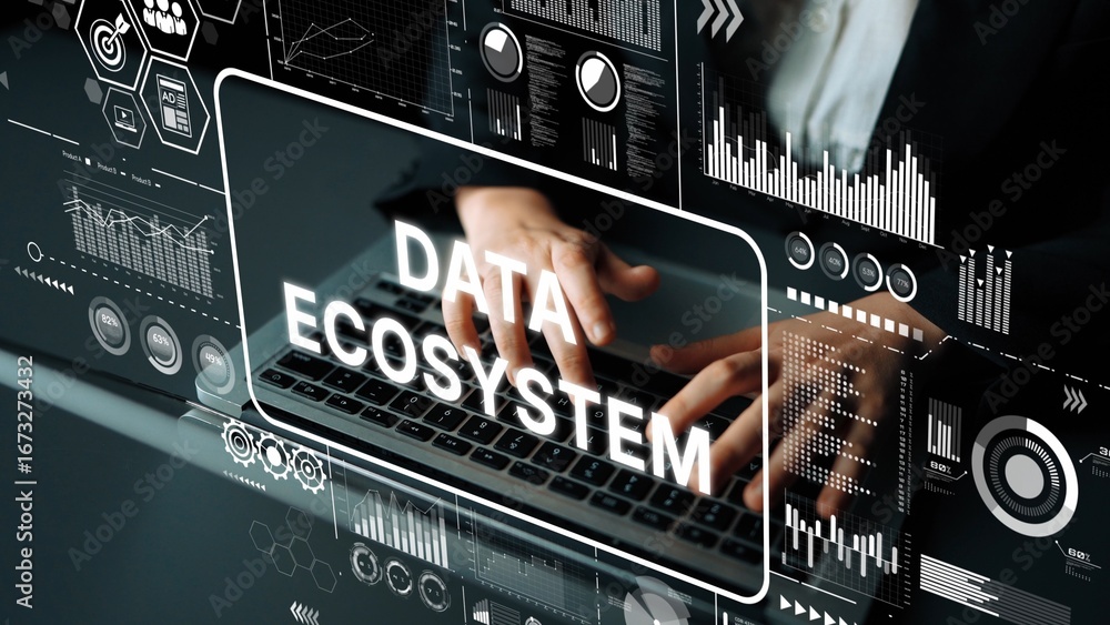 Poster business professional engaging with data ecosystem graphical interface on laptop at modern workspace