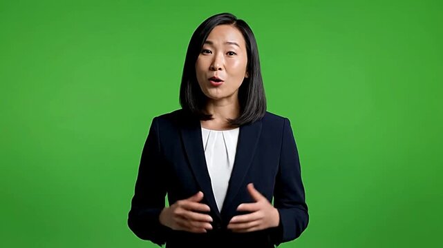 A confident businesswoman delivers a corporate presentation, sharing insights or strategic goals on a clean green screen background, ideal for training or promotional material.
