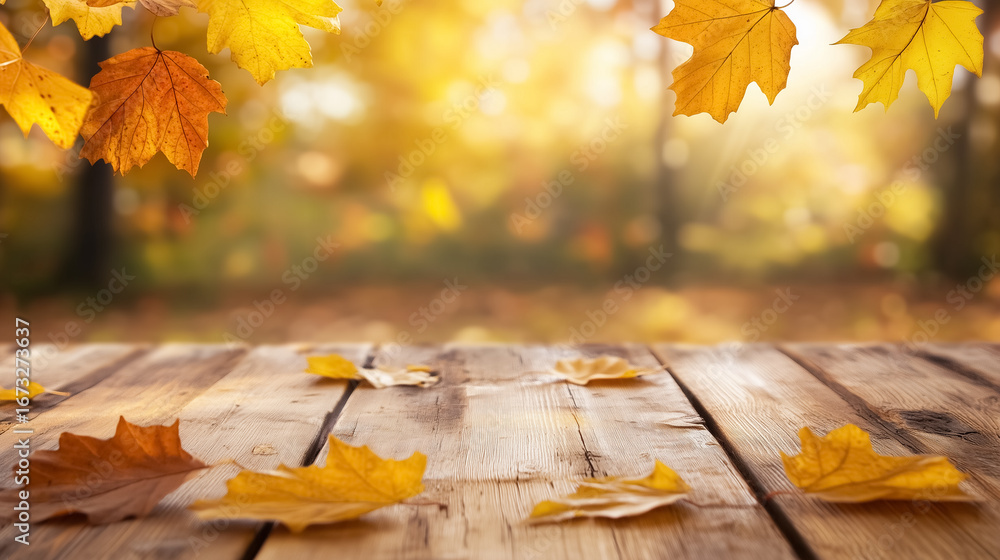 Poster golden leaves rest on rustic wooden table illuminated by soft sunlight in an idyllic fall setting. c