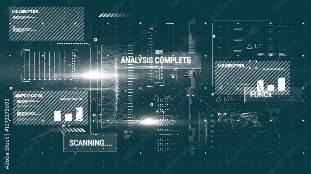 Poster a digital interface with graphs moving against a green screen