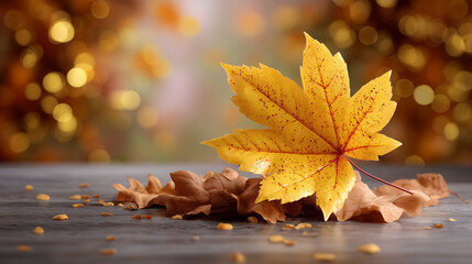 Golden maple leaf placed on rustic wooden surface surrounded by smaller leaves. Soft bokeh background enhances warm autumn mood. Concept of nature decor, seasonal marketing, fall festivities