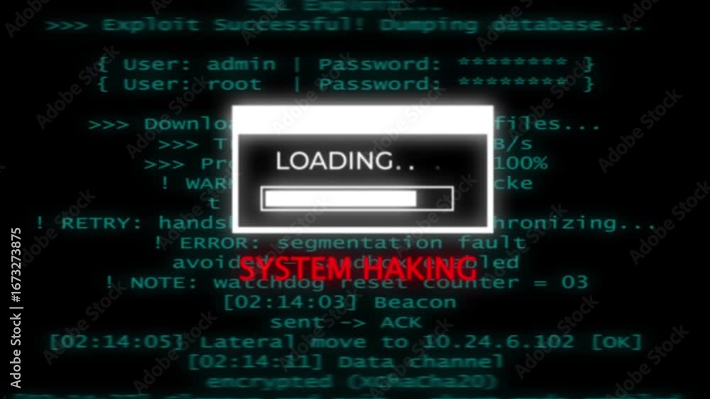 Poster “retro hacker terminal interface animation: digital breach, loading progress, encrypted code, system
