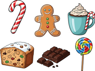 Holiday sweets cartoon set, candy cane, gingerbread man, hot chocolate, fruitcake, chocolate pieces, lollipop, festive Christmas dessert vector illustration