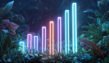 Neon bar graph rising through lush foliage