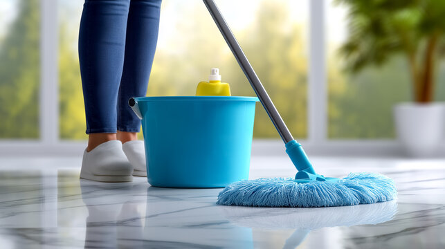 AI cleaning assistant mops shiny floor with blue mop. Bright indoor setting with natural light and greenery visible. Concept of home cleaning, automation, maid services