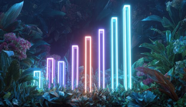 Neon bar graph rising through lush foliage - Powered by Adobe