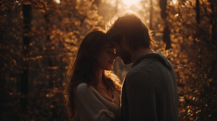 Fototapeta premium A warm and intimate close-up of a couple embracing in a sun-drenched autumn forest. 