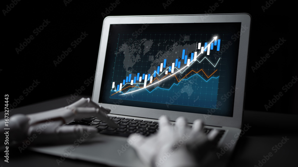 Poster a robotic hand operates a laptop displaying advanced analytics with stock market graphs in a sleek d