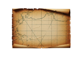 Antique, aged parchment with warm yellowed hue, subtle creases, faded dark muted green grid lines, fibrous texture on transparent background, close-up flat lay, concept of ancient cartography
