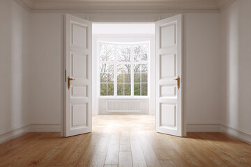 Fototapeta premium Elegant empty room with open doors revealing a bay window and hardwood floors sunlight streaming in