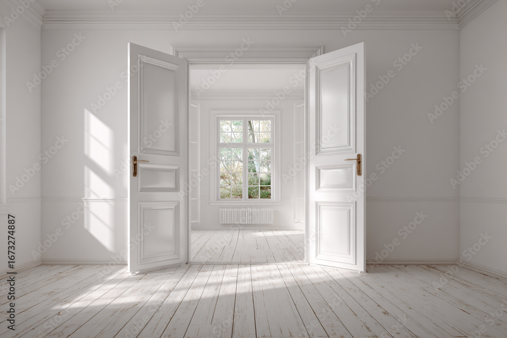Poster sunlit empty room with open white doors and view of a window and trees