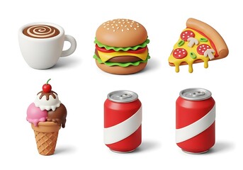 Food and Drink Icons Coffee Burger Pizza Ice Cream and Soda Cans hot chocolate