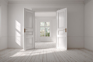 Sunlit empty room with open white doors and view of a window and trees